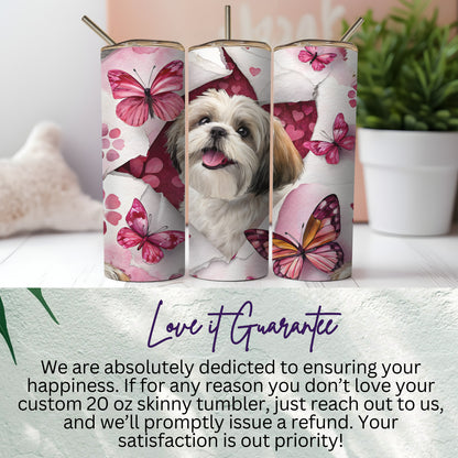 Cute Dog and Pink Butterflies Skinny Tumbler