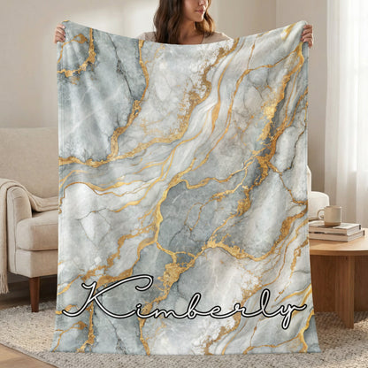 Gray Marble Veins of Gold Pattern Custom Name Blanket - Walk Greener