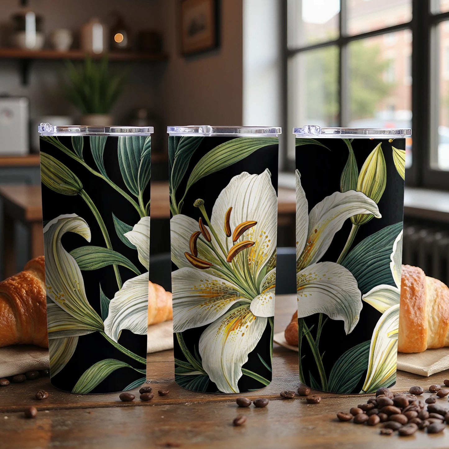 Delicate White Lilies on Black Background for Floral Lovers Tumblers - Walk Greener