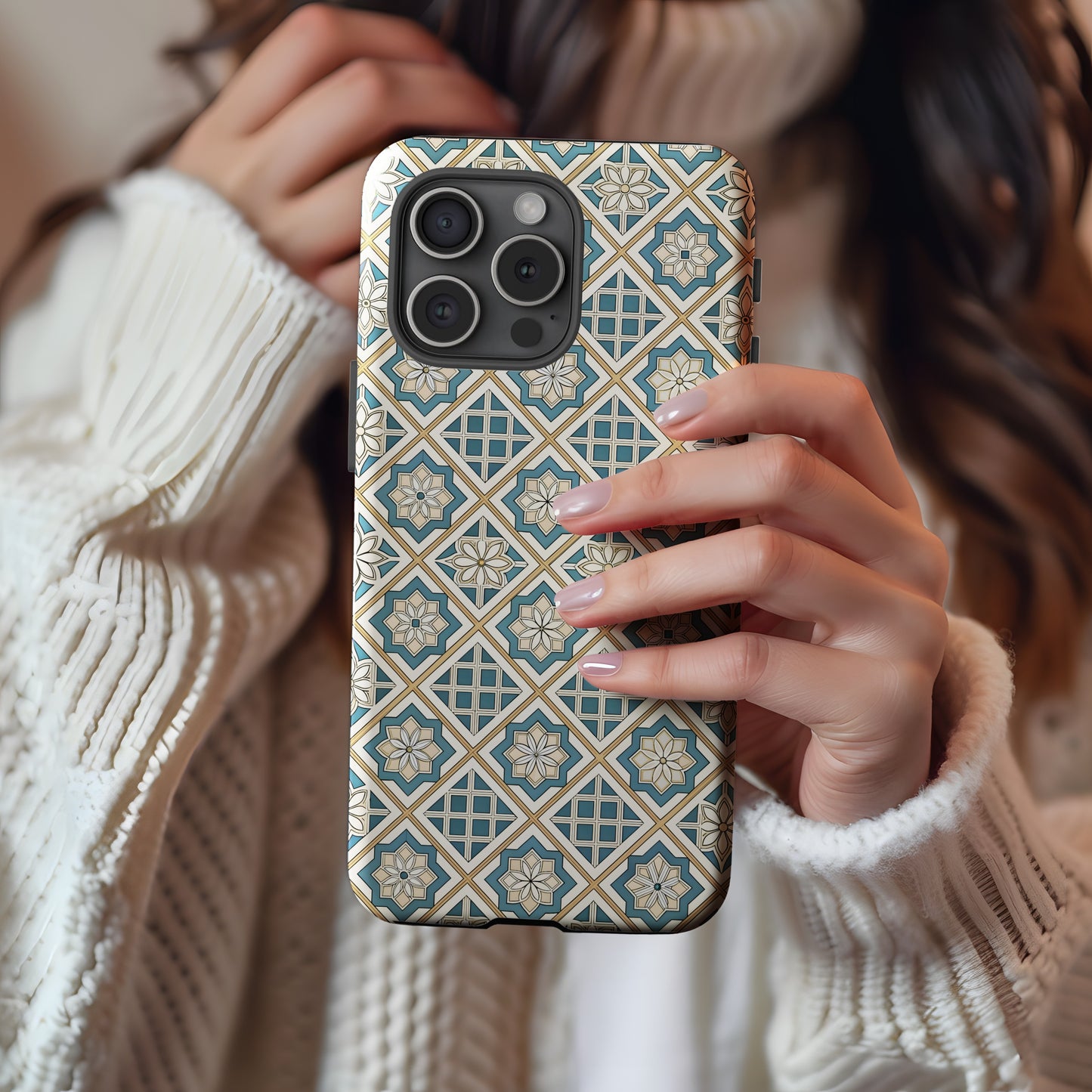 Beige Flowers Blue Diamonds Geometric Patterns Custom Phone Case - Walk Greener