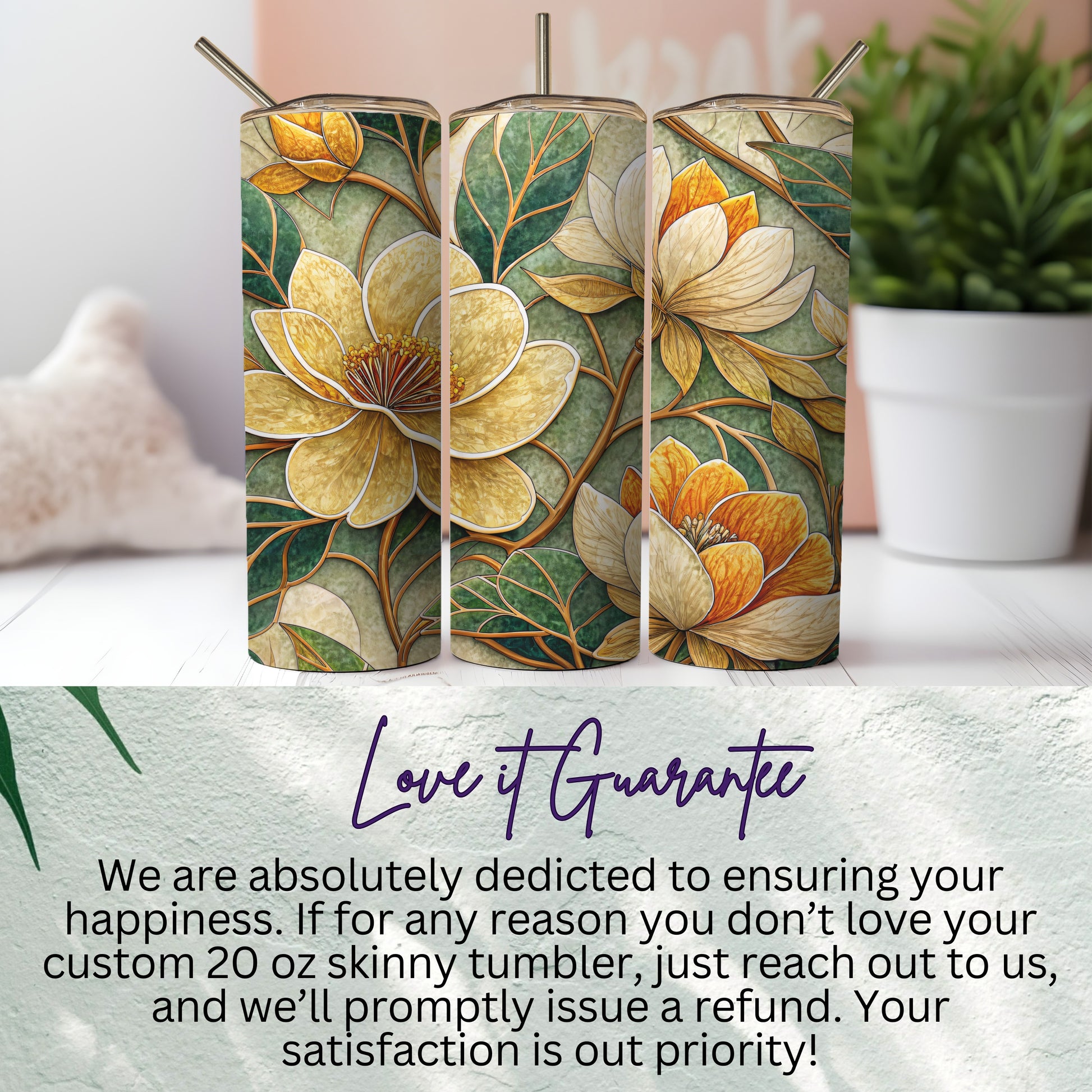 Floral Arrangement Yellow Flower and Green Leaves Art 20 oz Skinny Tumbler - Walk Greener