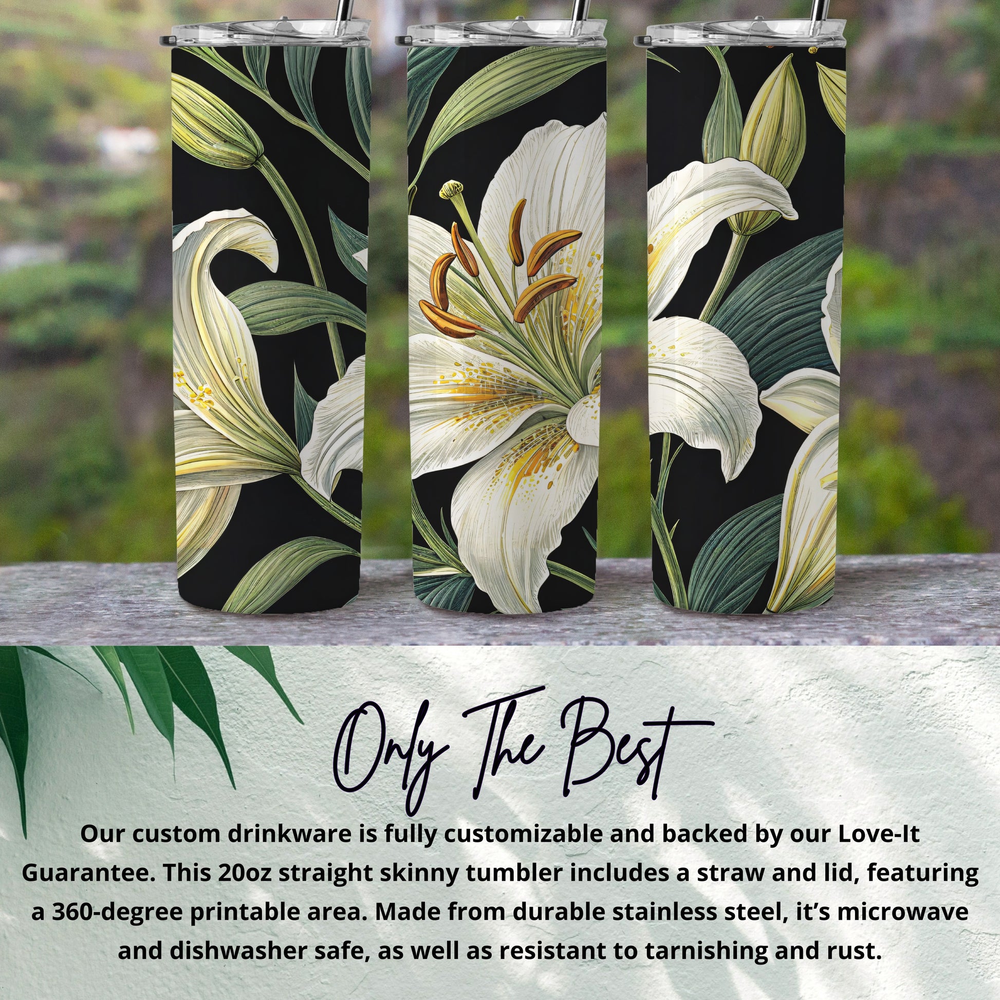 Delicate White Lilies on Black Background for Floral Lovers Tumblers - Walk Greener