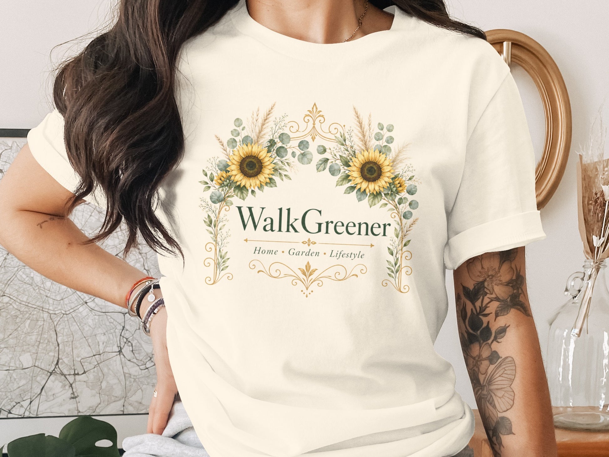 Cream t-shirt with "Walk Greener Home Garden Lifestyle" text and floral design.