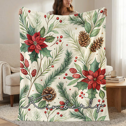 Personalized Festive Blanket with Poinsettia and Pine