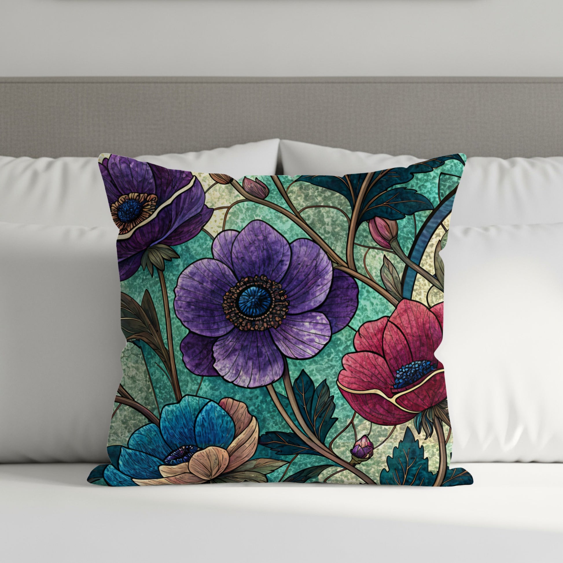 Floral Stained Glass Pattern Colorful Flower Throw Pillows - Walk Greener