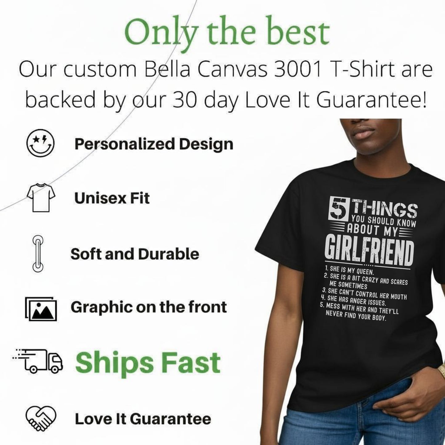 Black t-shirt with "5 Things You Should Know About My Girlfriend" and a list.