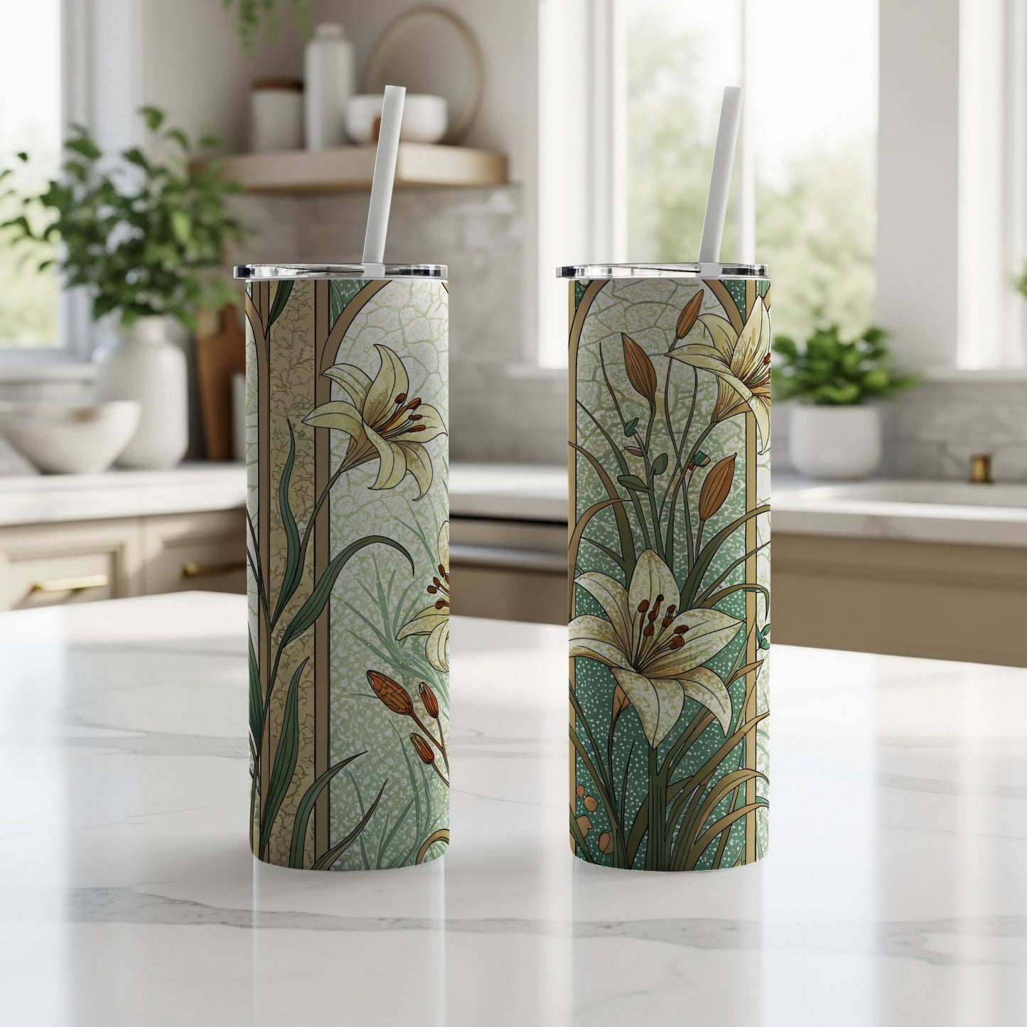 Floral with lilies Art Nouveau Style for Beautiful Decoration 20 oz Skinny Tumbler - Walk Greener
