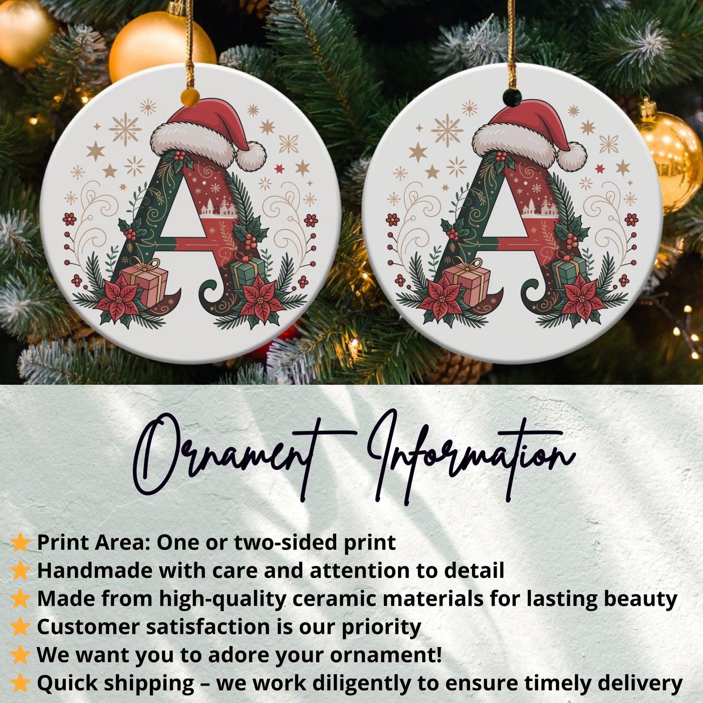 Festive alphabet ornament with santa hat product
