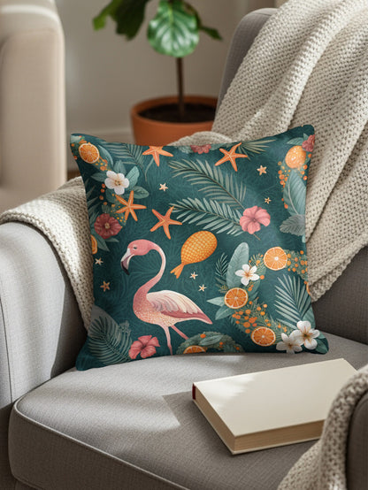 Tropical Flamingo Birds Palms Oranges Starfish Dark Teal Throw Pillows - Walk Greener