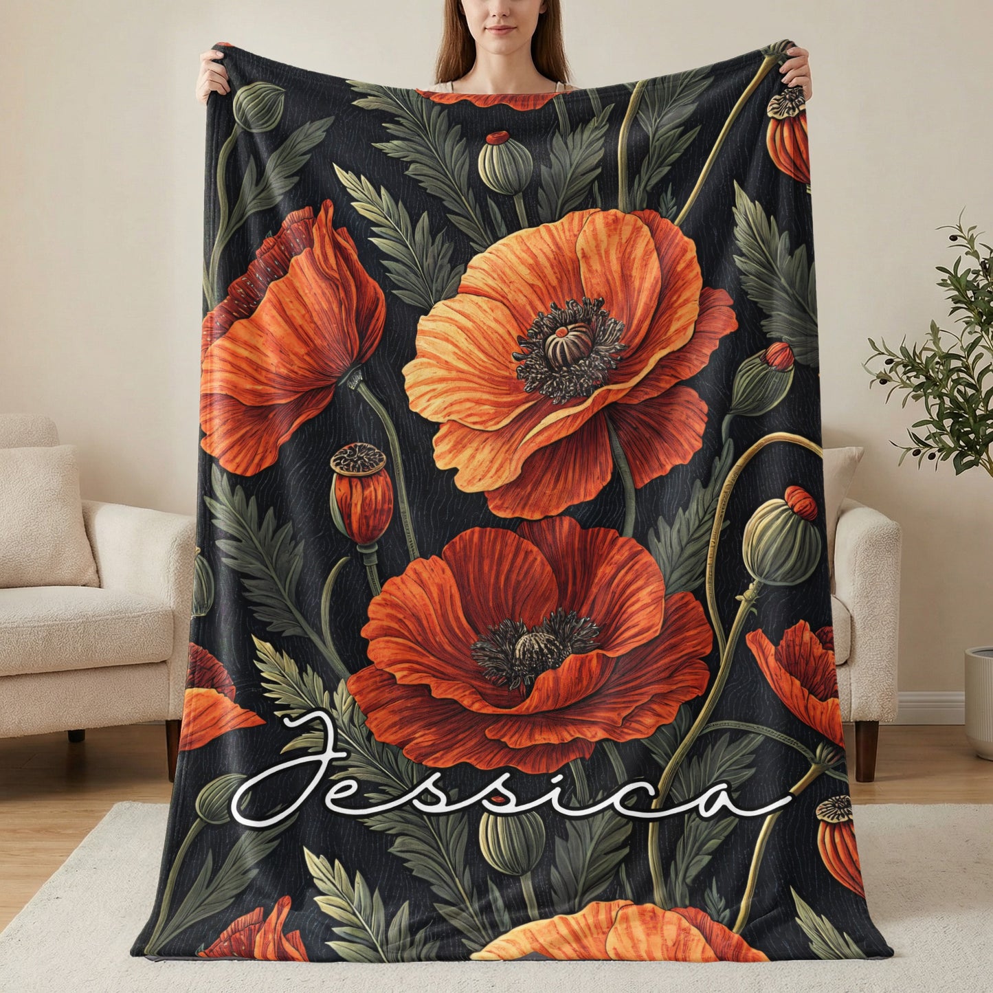 Custom Floral Name Blanket with Bold Orange Flowers