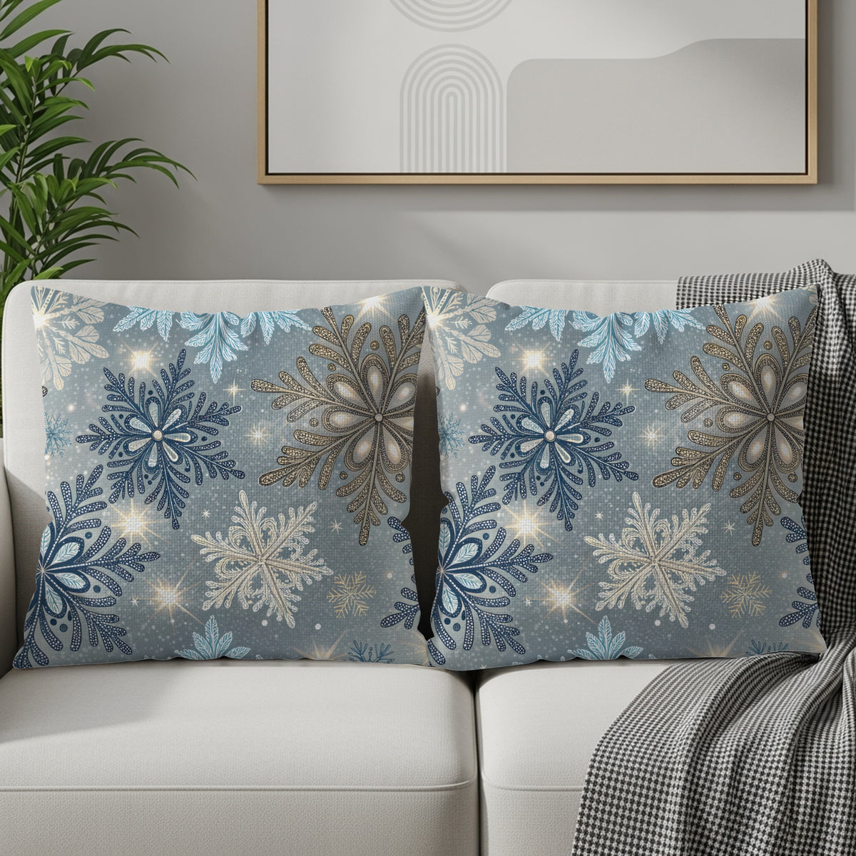 Back view of the snowflake pattern pillow showing the beige zipper closure