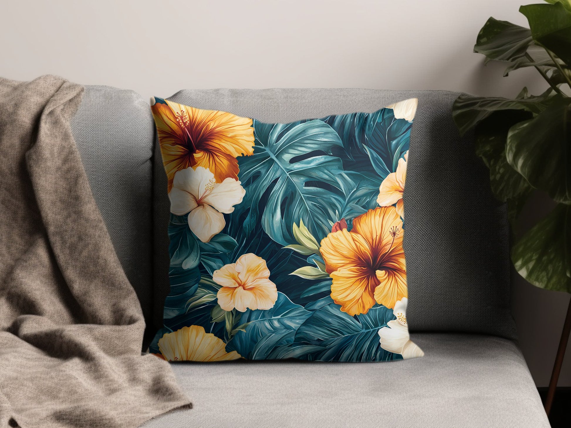 Tropical Floral Cushion Cover, Exotic Hibiscus and Palm Leaves Design, Vibrant Home Decor Pillow, Botanical Throw Pillow Case