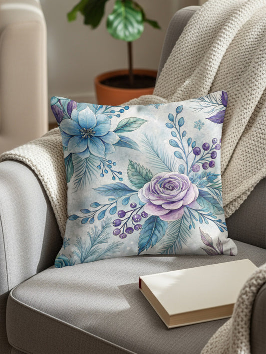 Floral Throw Pillow with Blue and Purple Rose Design