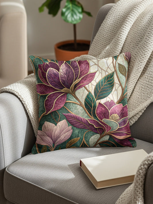 Magnolia Floral Artwork in Green and Purple Tones Throw Pillows - Walk Greener