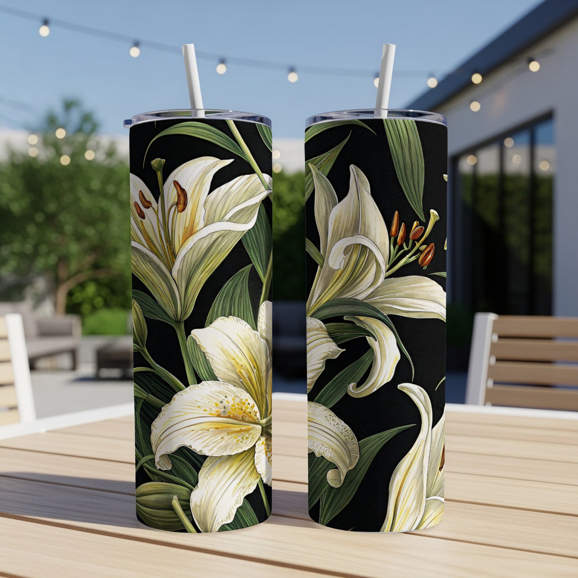 Elegant White Lilies Design Tumbler with Straw
