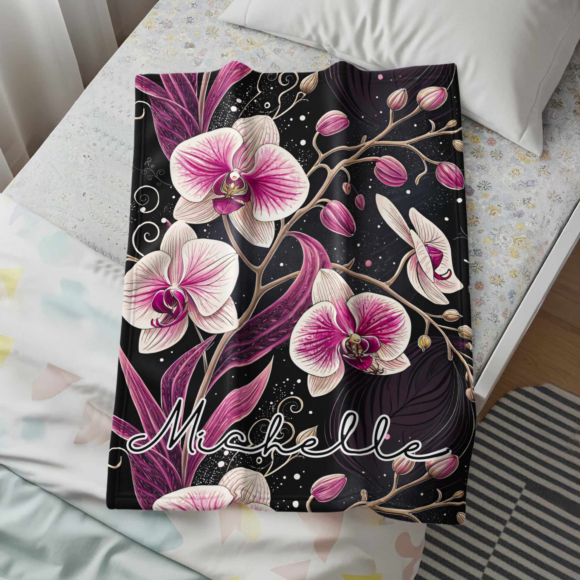 Personalized Floral Black and Pink Orchid Blanket