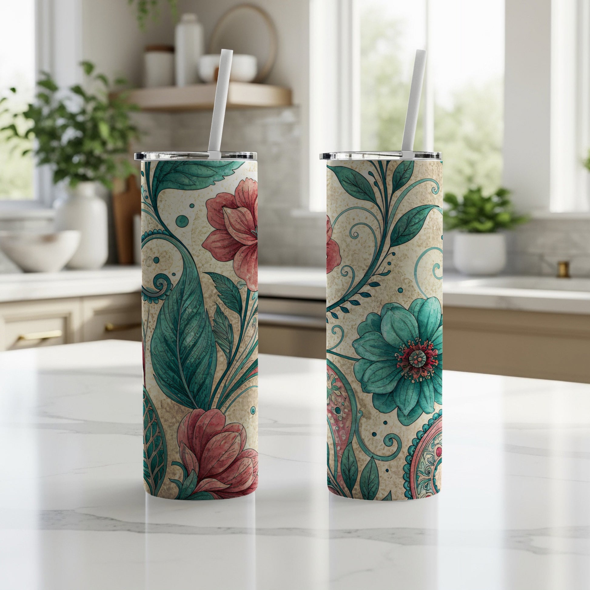 Floral Dreamscape Turquoise Crimson 20 oz Skinny Tumbler - Walk Greener