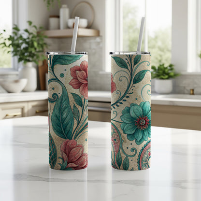 Floral Dreamscape Turquoise Crimson 20 oz Skinny Tumbler - Walk Greener