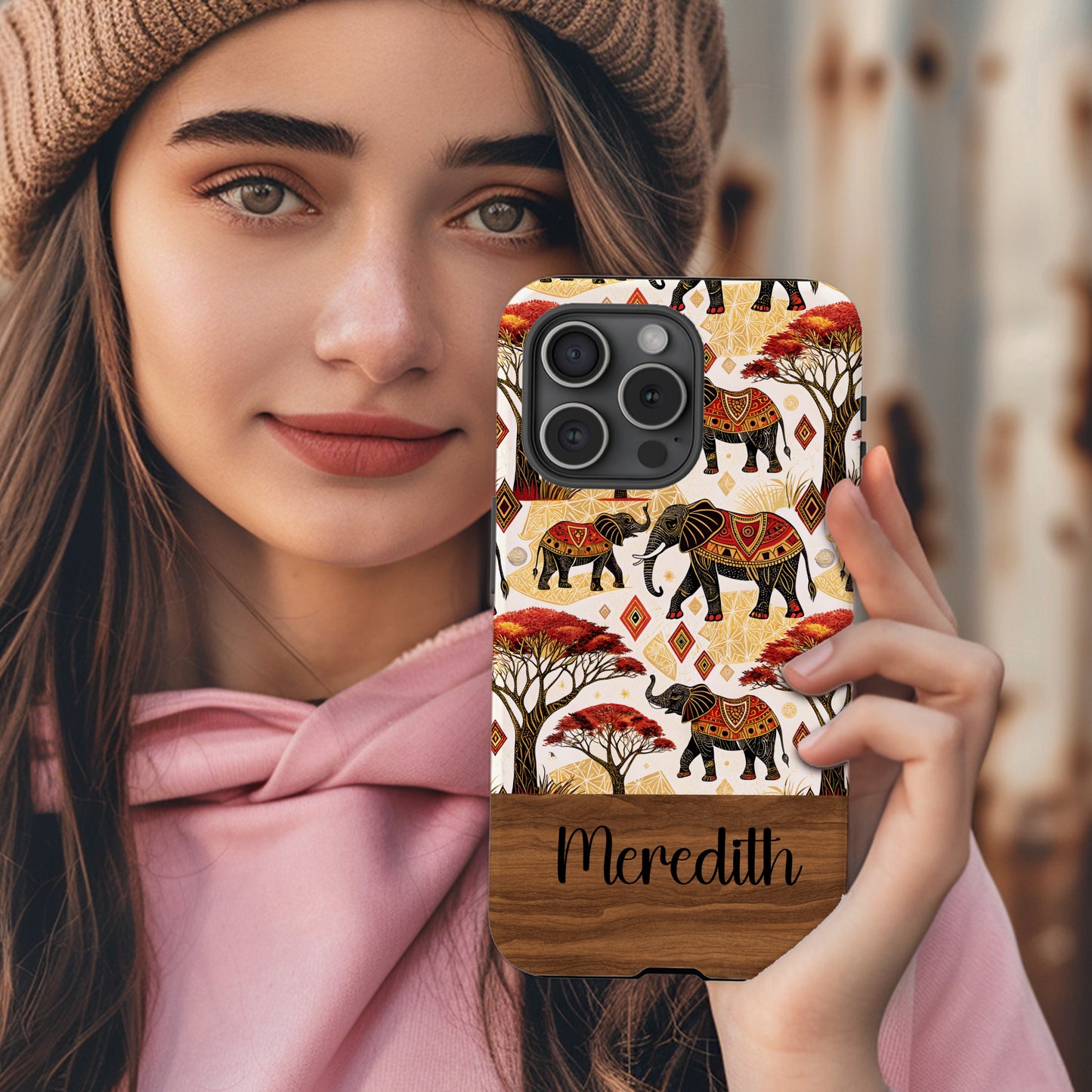 African Elephants Savannah Trees and Diamond Shapes Custom Phone Case - Walk Greener