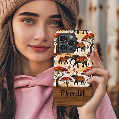 African Elephants Savannah Trees and Diamond Shapes Custom Phone Case - Walk Greener