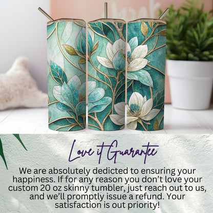 Teal Stained Glass Floral Art Design on 20 oz Skinny Tumbler - Walk Greener