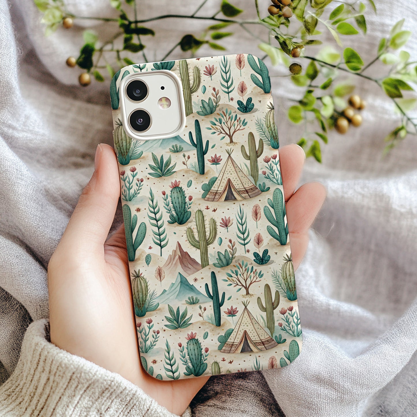 Desert Scene With Cacti Mountains and Tent Custom Phone Case - Walk Greener