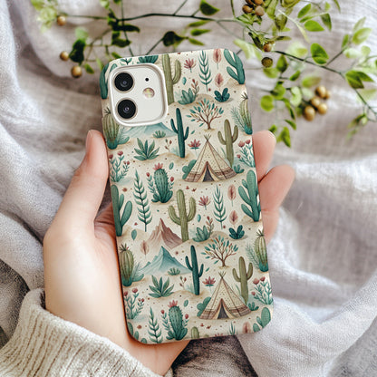 Desert Scene With Cacti Mountains and Tent Custom Phone Case - Walk Greener