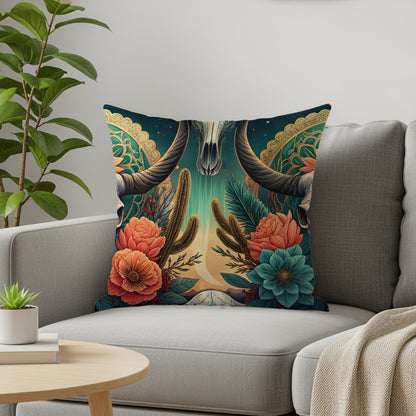 Colorful Bull Skull Floral Print Decorative Pillow