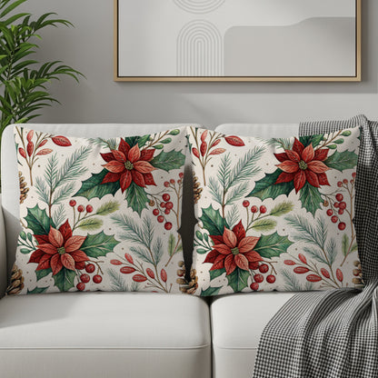 Festive Poinsettia Design Throw Pillow Set for Holidays