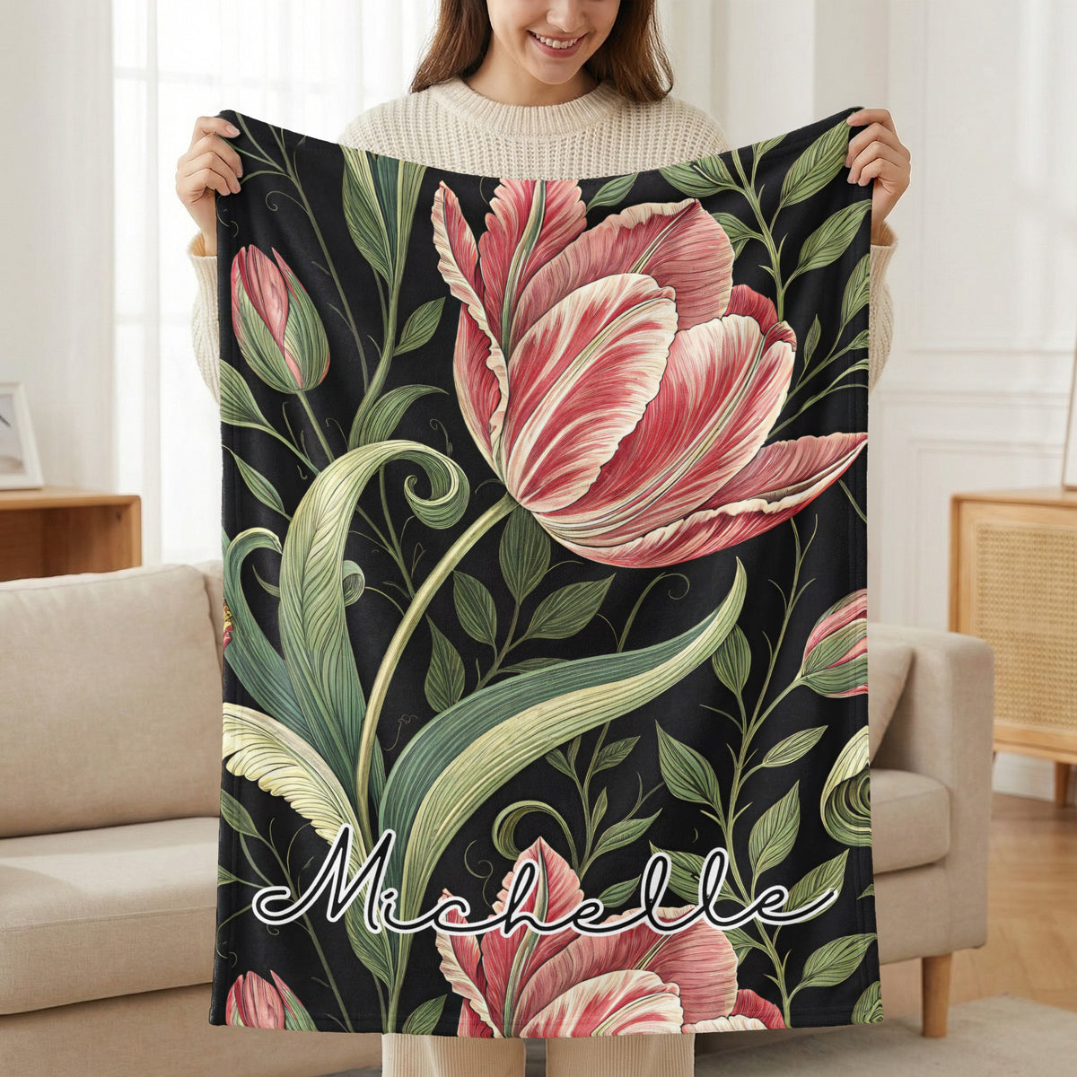 Large Floral Design with Custom Name Blanket