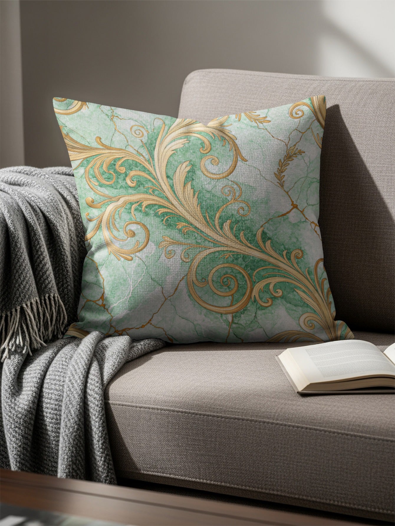 Elegant Green and Gold Scroll Pattern Cushion Cover