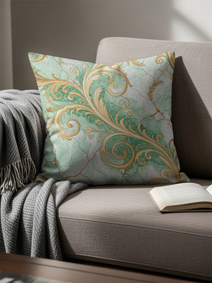 Elegant Green and Gold Scroll Pattern Cushion Cover