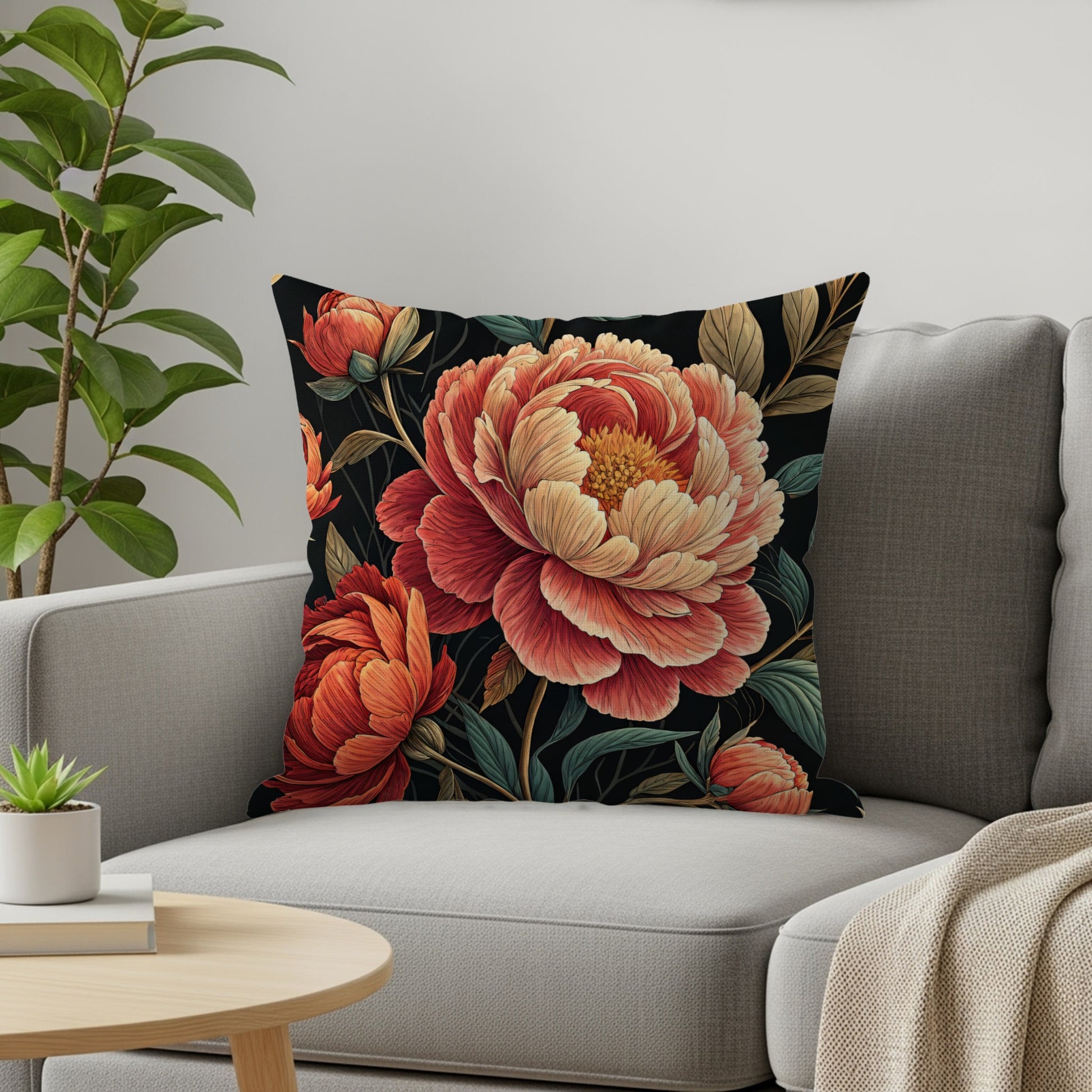 Lush Peonies on Dark Ground Decorative Floral Throw Pillows - Walk Greener