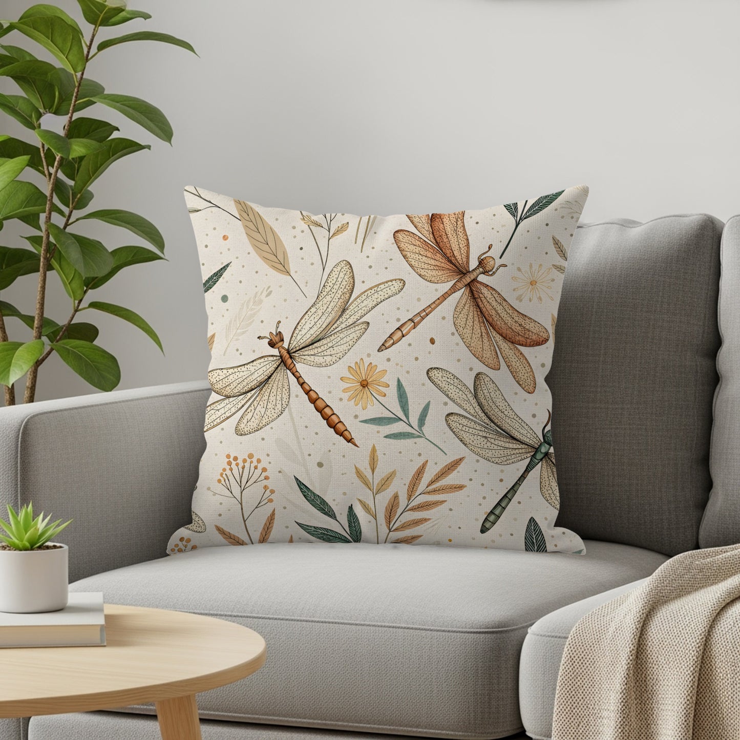 Dragonfly and Botanical Illustration Pillow Product