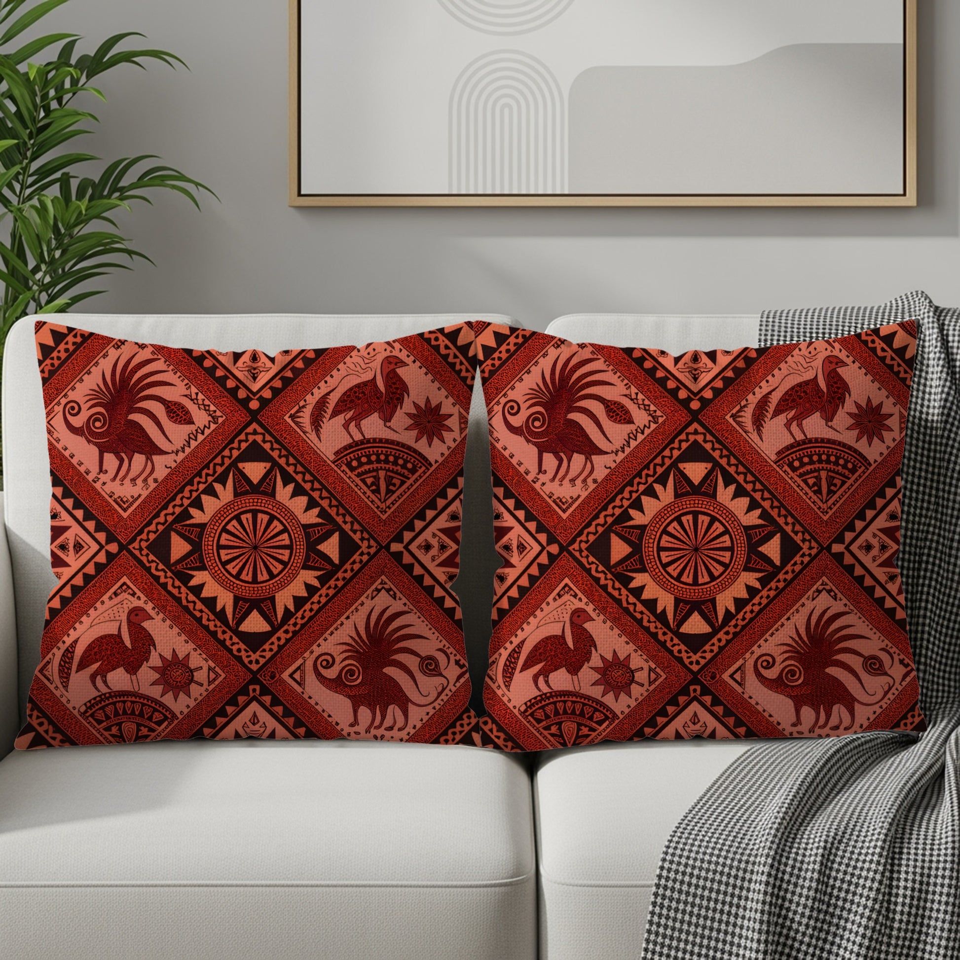 Decorative Accent Pillow with Tribal Rooster and Sun Design
