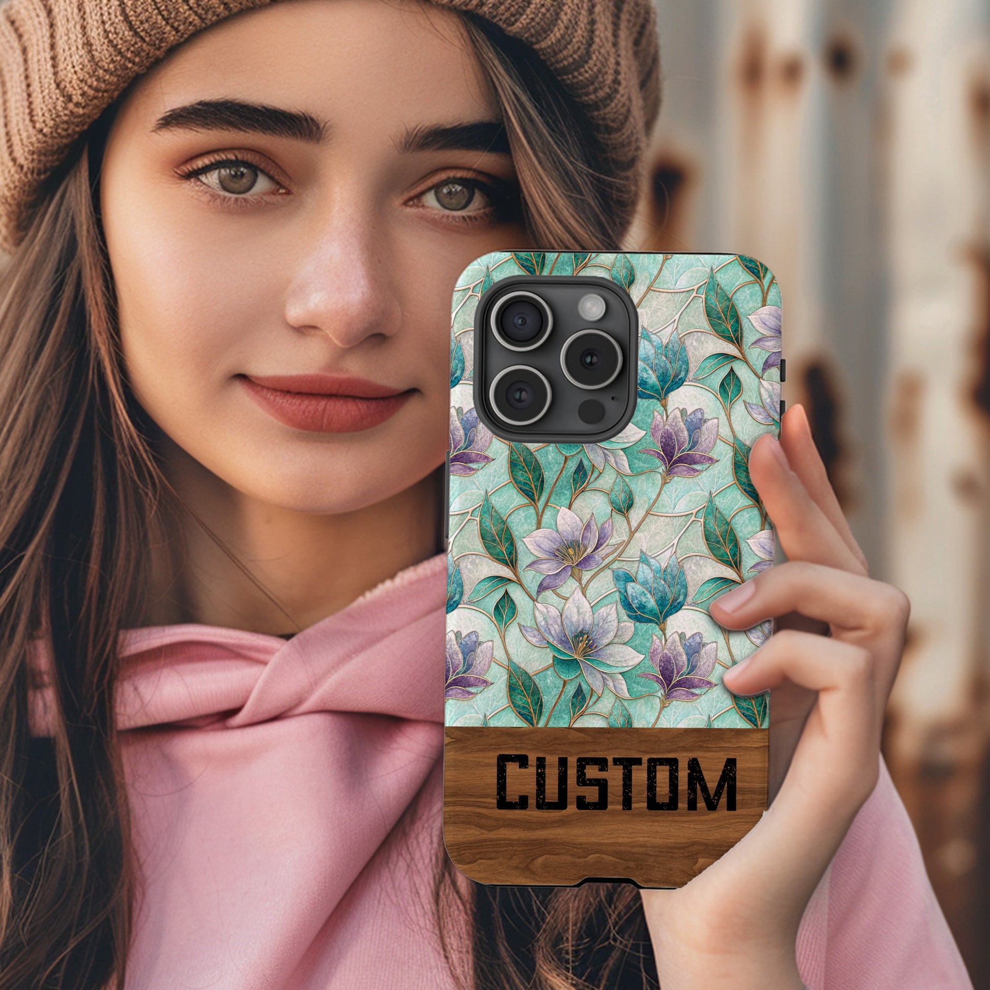 Custom Floral Design Phone Case with Wooden Detail
