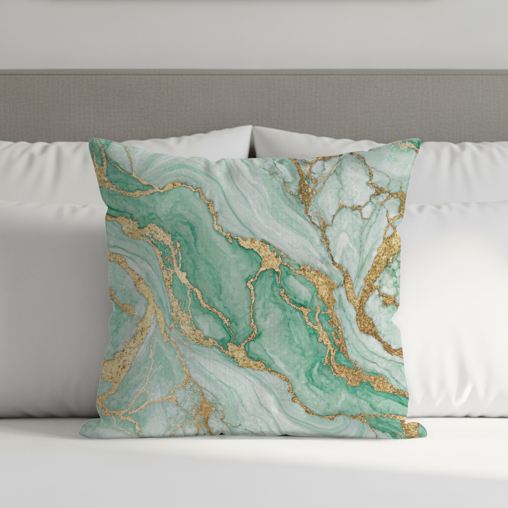 Elegant Green and Gold Marble Print Throw Pillow Cover
