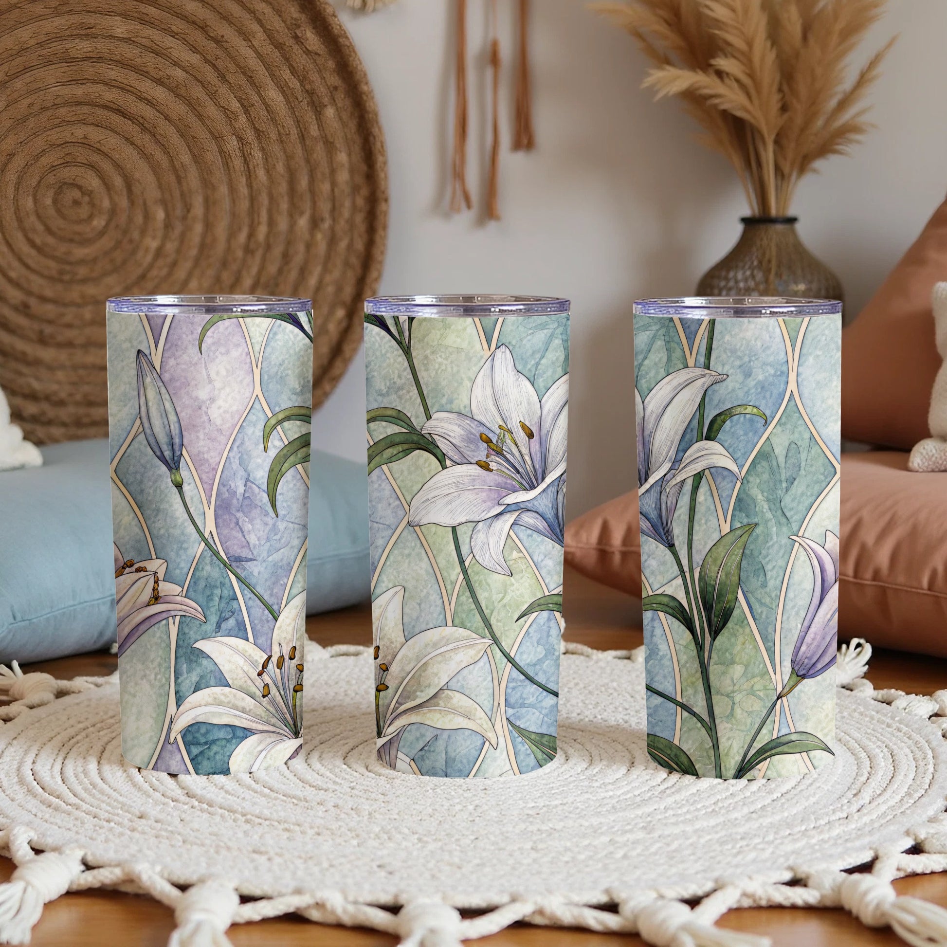 White Lilies Floral Design On Geometric Pattern 20 oz Skinny Tumbler - Walk Greener