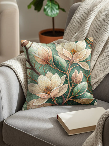 Magnolia Flowers And Branches With Green Background Throw Pillows - Walk Greener