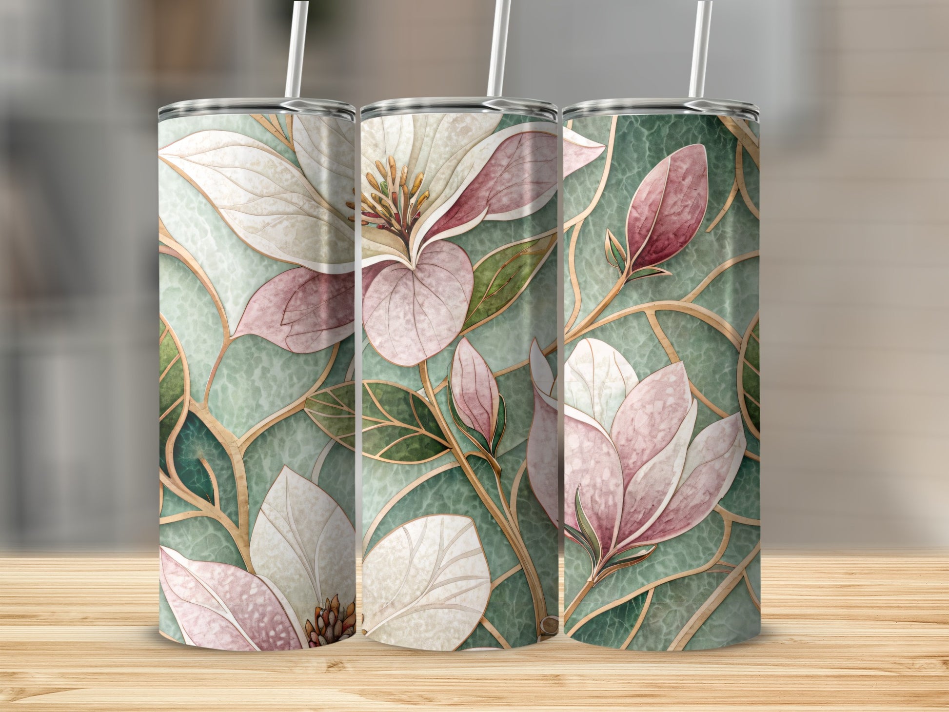 Magnolia Flowers Art Deco Style Watercolor Floral Design 20 oz Skinny Tumbler - Walk Greener