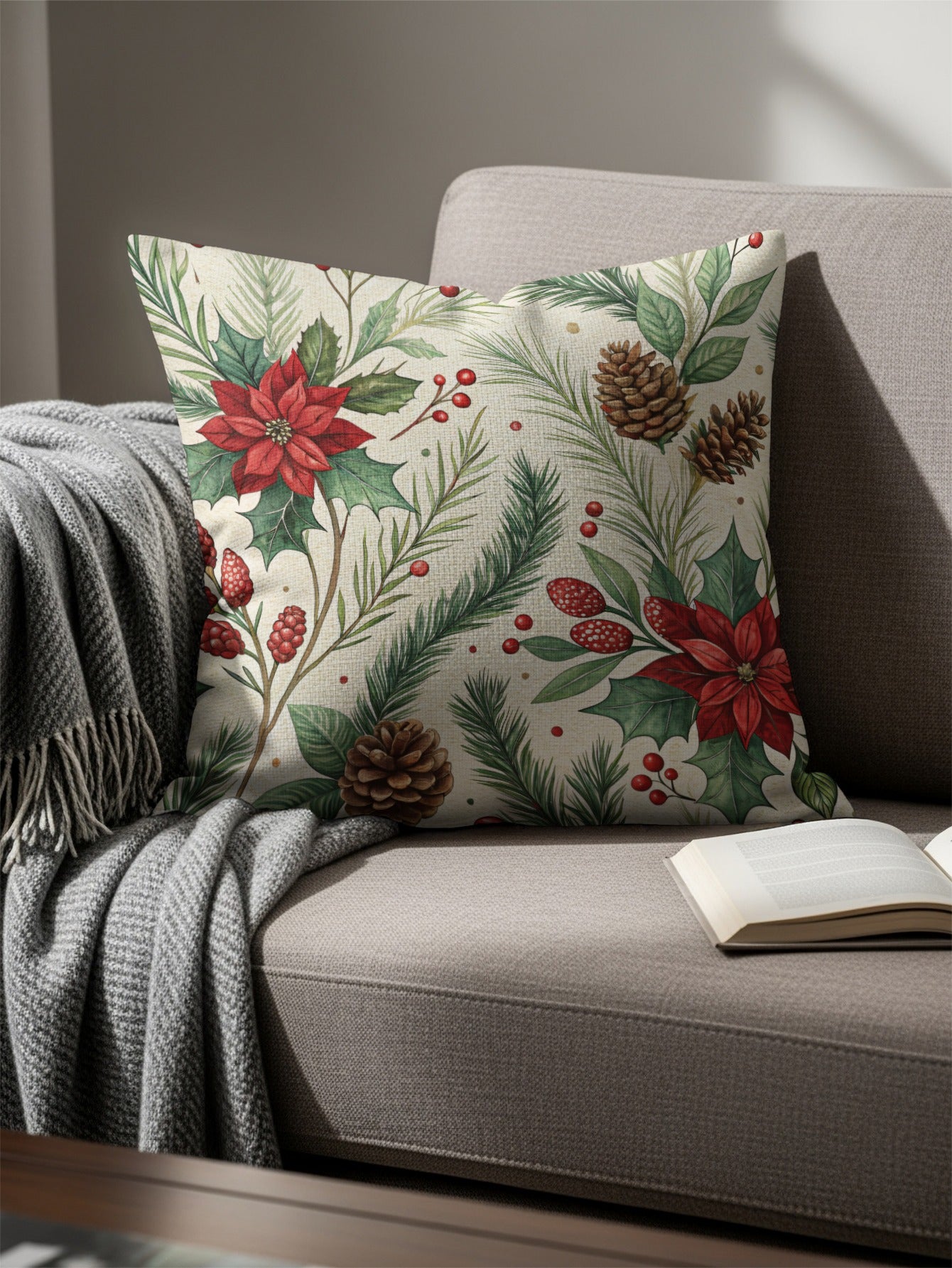 Festive Poinsettia and Pinecone Decorative Pillow Cover