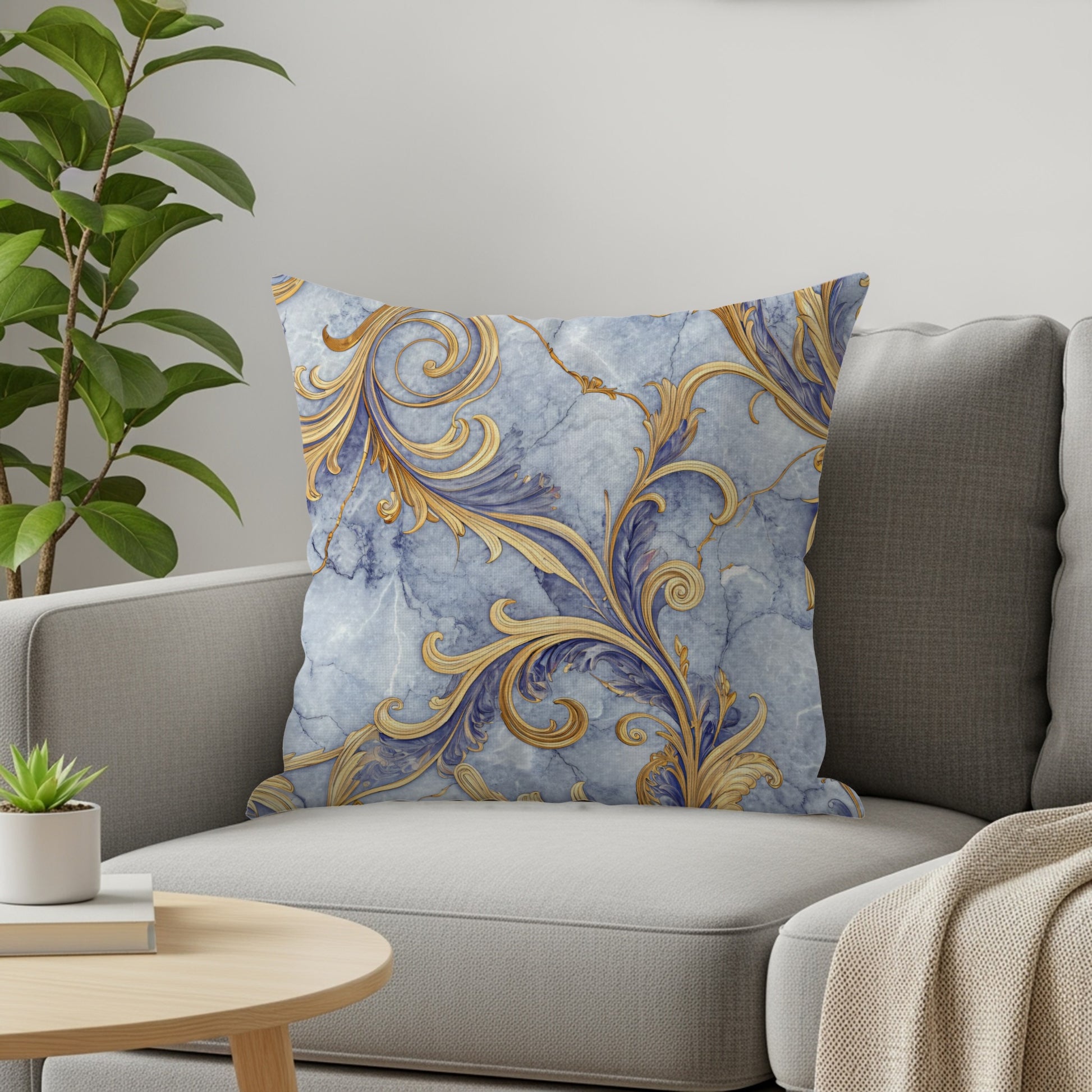 Ornate Gold Floral on Blue Marble Decorative Floral Throw Pillows - Walk Greener