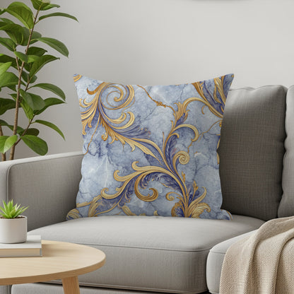 Ornate Gold Floral on Blue Marble Decorative Floral Throw Pillows - Walk Greener