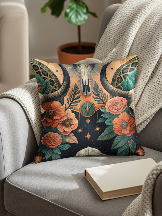 Artistic Floral Skull Design Decorative Cushion Cover
