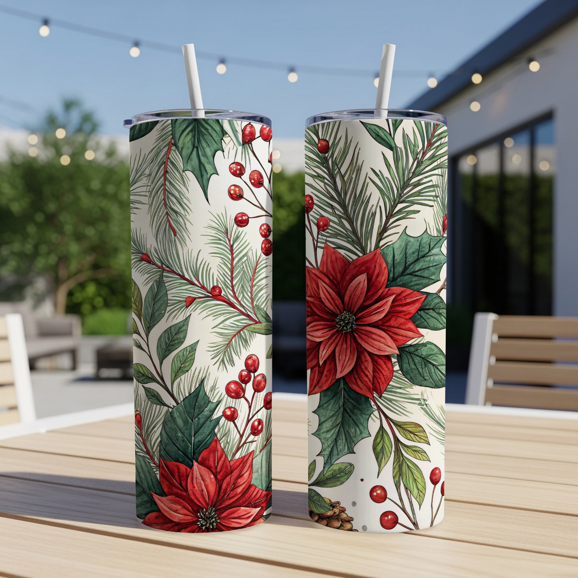 Festive Poinsettia and Pine Holiday Tumbler Cup
