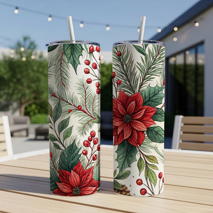 Festive Poinsettia and Pine Holiday Tumbler Cup