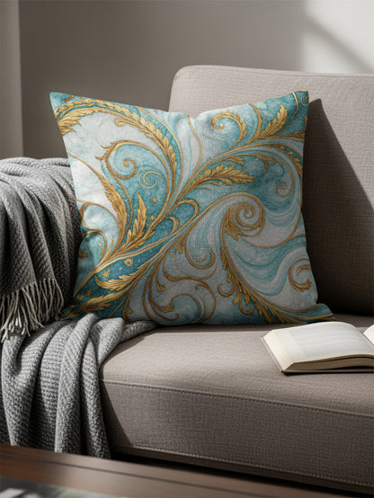 Elegant Turquoise Gold Swirl Design Throw Pillow