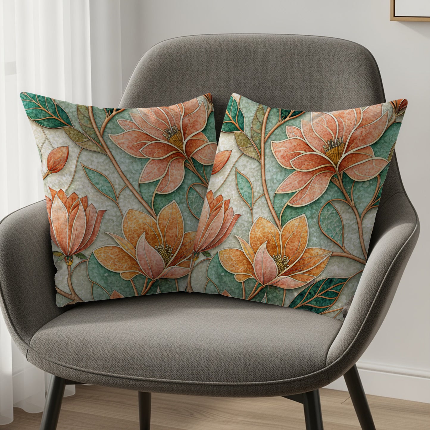 Orange and Green Floral Design Decorative Cushion Cover