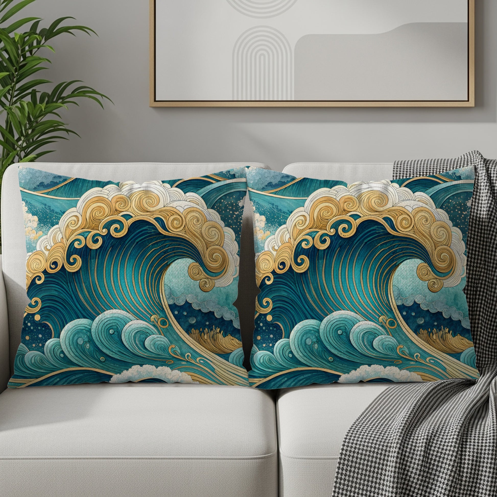 Oceanic Bliss Azure and Gold Waves Pattern Throw Pillows - Walk Greener