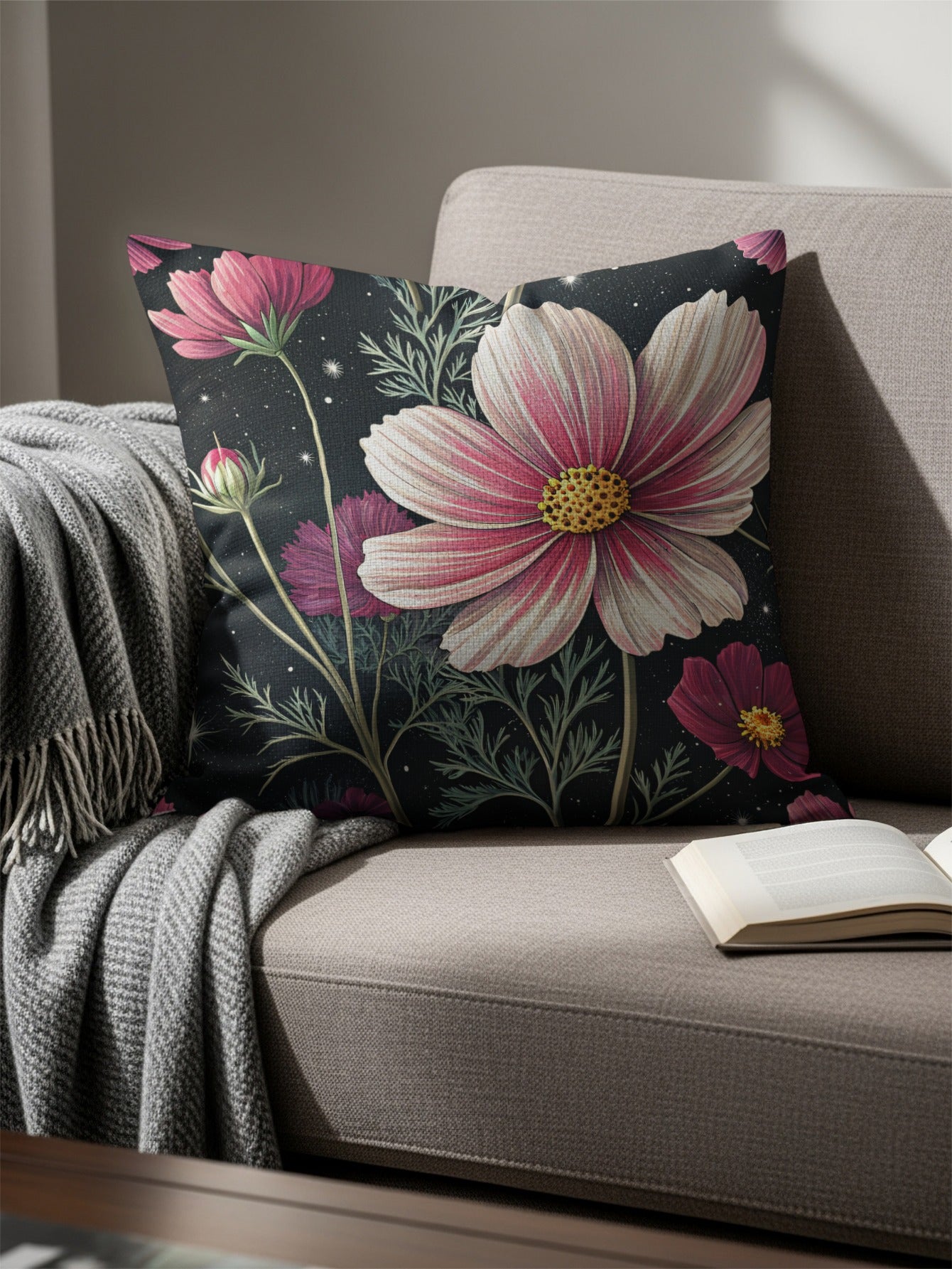Cosmos Floral Pattern Pink White on Dark Backdrop Decorative Floral Throw Pillows - Walk Greener